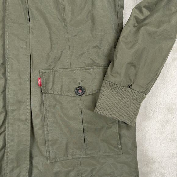 Levis Jacket Womens Medium Green Faux Fur Trim Quilted Field Chore Military Coat - Picture 3 of 11